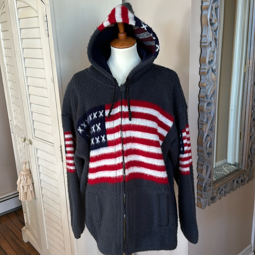 Solid Wool American Flag Hooded Sweater - image 1